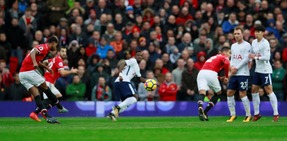 <p>Manchester United’s Marcus Rashford shoots at goal</p>