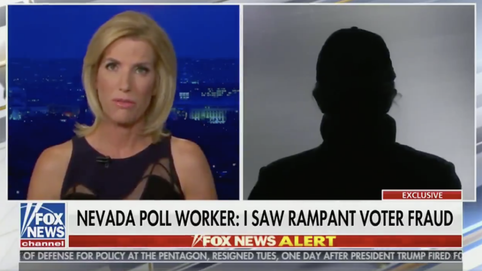 An unnamed woman told Fox News’ Laura Ingraham she saw envelopes being opened and passed around near a Biden-Harris campaign vehicle, where she also saw workers opening ballots and changing the vote. (Photo: Fox News Channel)