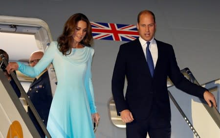 Britain's Prince William and Catherine, Duchess of Cambridge, arrive in Islamabad