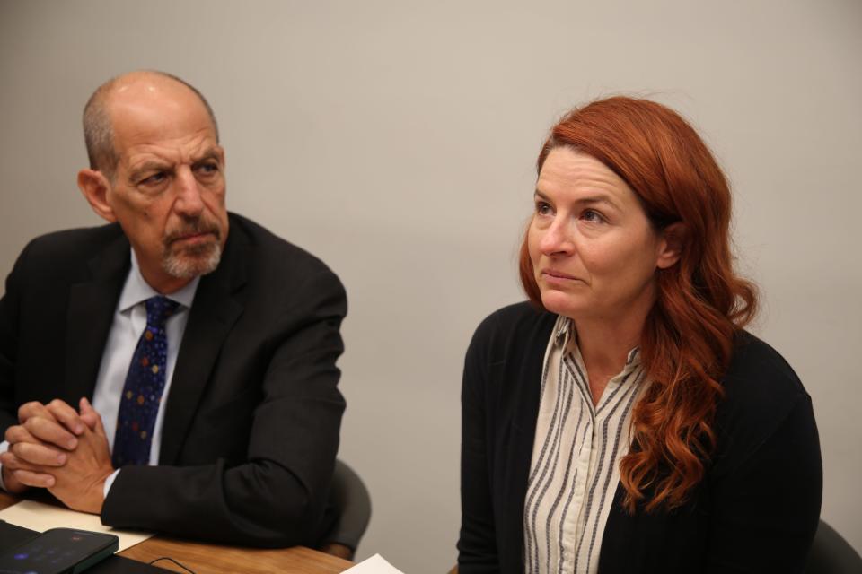 Attorney Paul Mones and Jennifer Christiansen Vurno announce Vurno's lawsuit against the Thacher School in Ojai, California on Nov. 30, 2022.