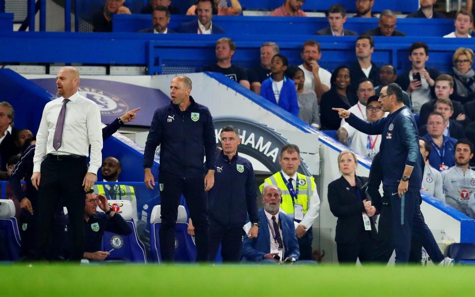 Chelsea manager Maurizio Sarri argues on the sidelines during the Premier League match between Chelsea FC and Burnley FC - Getty Images Europe