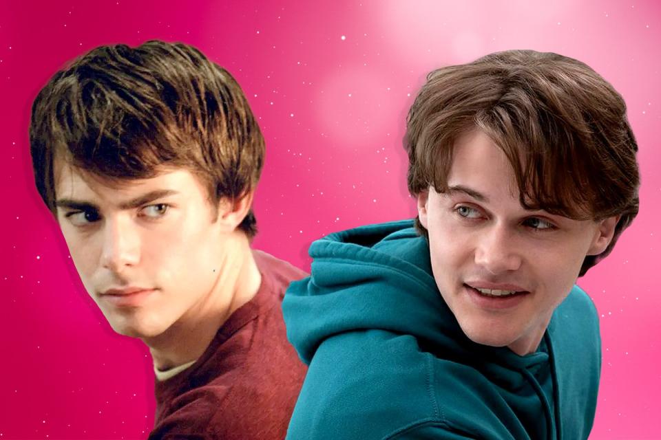Aaron Samuels from 2004 and Aaron Samuels from 2024 from their respective Mean Girls films against a pink backdrop.