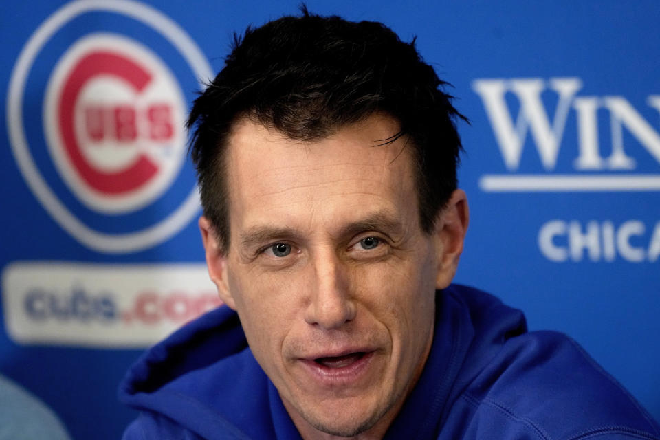 FILE - Chicago Cubs manager Craig Counsell speaks during news conference prior the baseball team's spring training workout Feb. 14, 2024, in Mesa, Ariz. On May 27, Counsell is expected to manage his first game in Milwaukee since he was hired by Chicago in November in a surprise move. (AP Photo/Matt York)