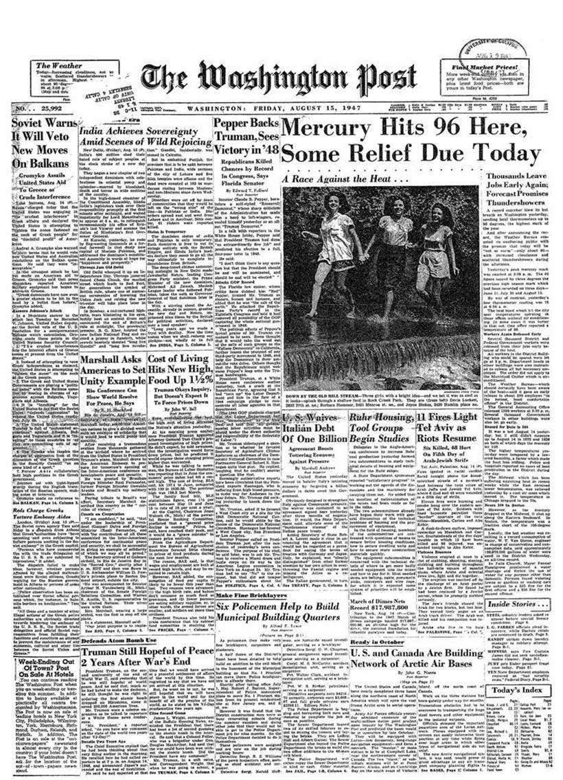 The Washington Post dedicated a portion of its front page to India’s independence, with the heading, " India achieves sovereignty, amid scenes of wild rejoicing." It wrote, rather imperialistically, about how all the ‘oriental pomp’ and celebration of the occasion was also marred by the bloodshed, terror and death in some parts of the country. Image credit: from the archives of The Washington Post