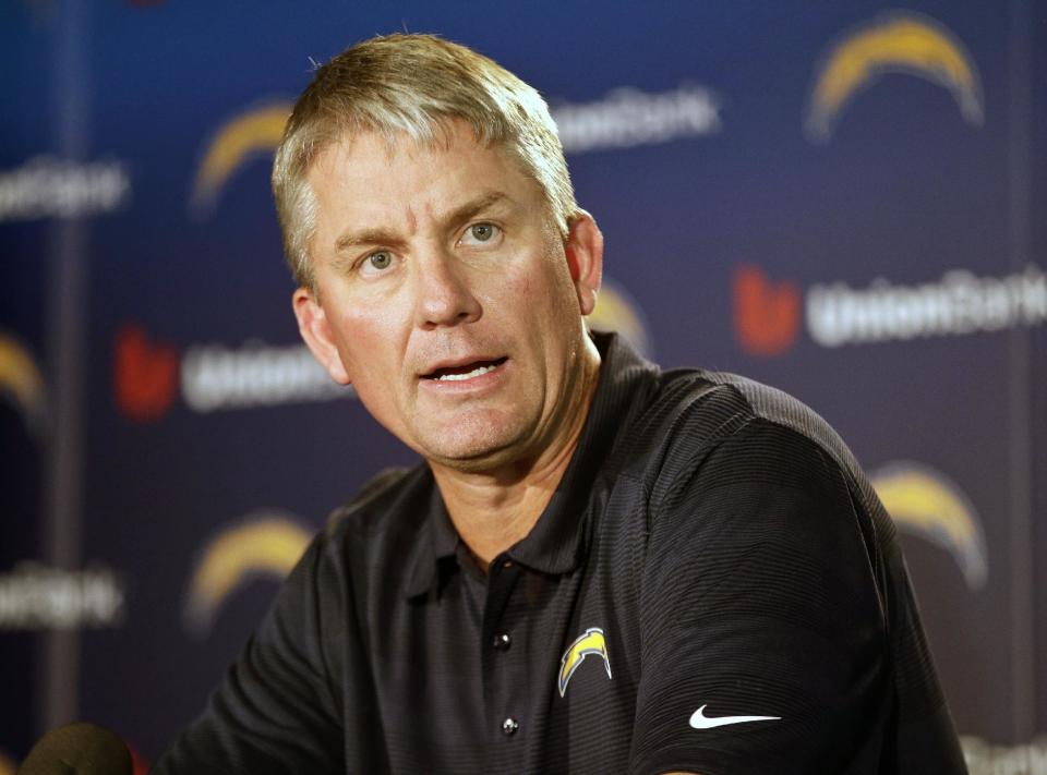San Diego Chargers coach Mike McCoy talks about the teams' upset playoff victory over the Cincinnati Bengals and upcoming game NFL football against the Denver Broncos at a news conference Monday, Jan. 6, 2014, in San Diego. (AP Photo/Lenny Ignelzi)