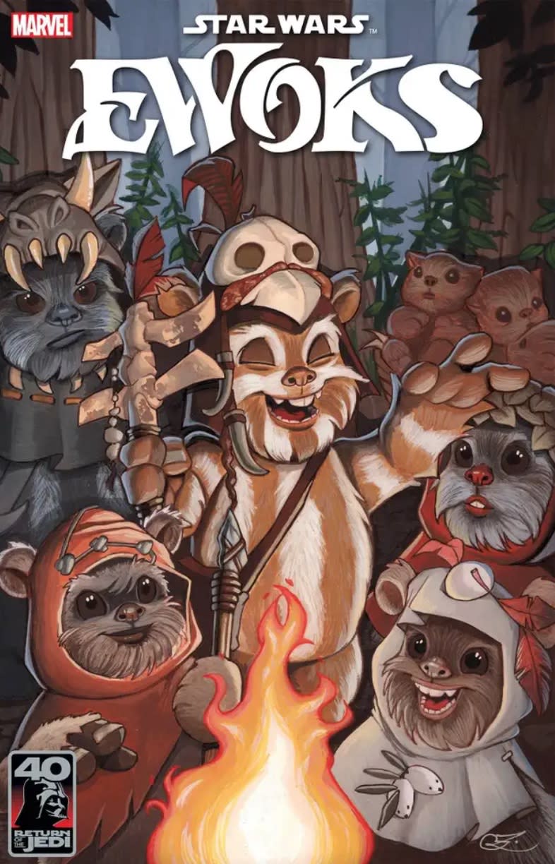 teddy-bear-like creatures smile and dance around a fire