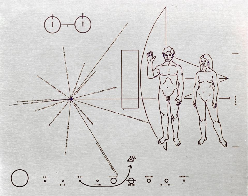 A plaque designed by Drake and Carl Sagan for Pioneer 10, the first spacecraft to leave our solar system - World History Archive/Alamy