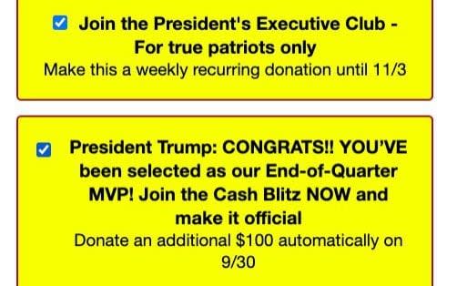 Small print from Trump fundraising campaign