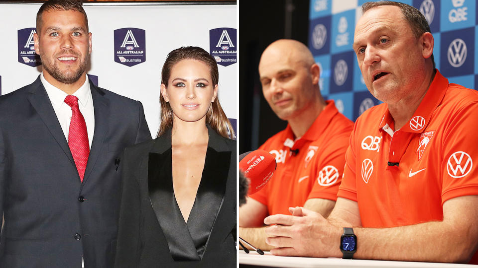 Buddy Franklin with Jesinta, alongside Sydney Swans coach John Longmire.