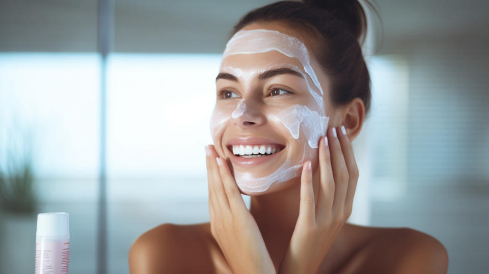 A smiling woman applying a product from the company's skin care line.