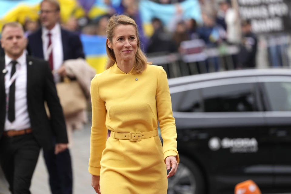 Estonia's Prime Minister Kaja Kallas arrives for an EU Summit at Prague Castle in Prague, Czech Republic, Friday, Oct 7, 2022. European Union leaders converged on Prague Castle Friday to try to bridge significant differences over a natural gas price cap as winter approaches and Russia's war on Ukraine fuels a major energy crisis. (AP Photo/Darko Bandic)