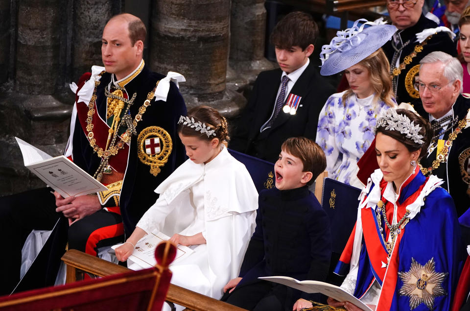 (left to right 1st row) the Prince of Wales, Princess Charlotte, Prince Louis, the Princess of Wales and the Duke of Edinburgh at the coronation ceremony of King Charles III and Queen Camilla in Westminster Abbey, London. Picture date: Saturday May 6, 2023. PA Photo. See PA story ROYAL Coronation. Photo credit should read: Yui Mok/PA Wire
