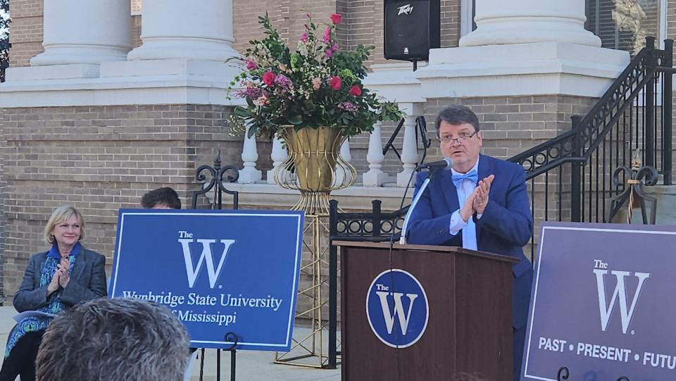Columbus Mayor Keith Gaskin praised the Mississippi University for Women's chosen new name: Wynbridge State University of Mississippi, during a ceremony Tuesday, Feb. 13, 2024, at the university in Columbus.