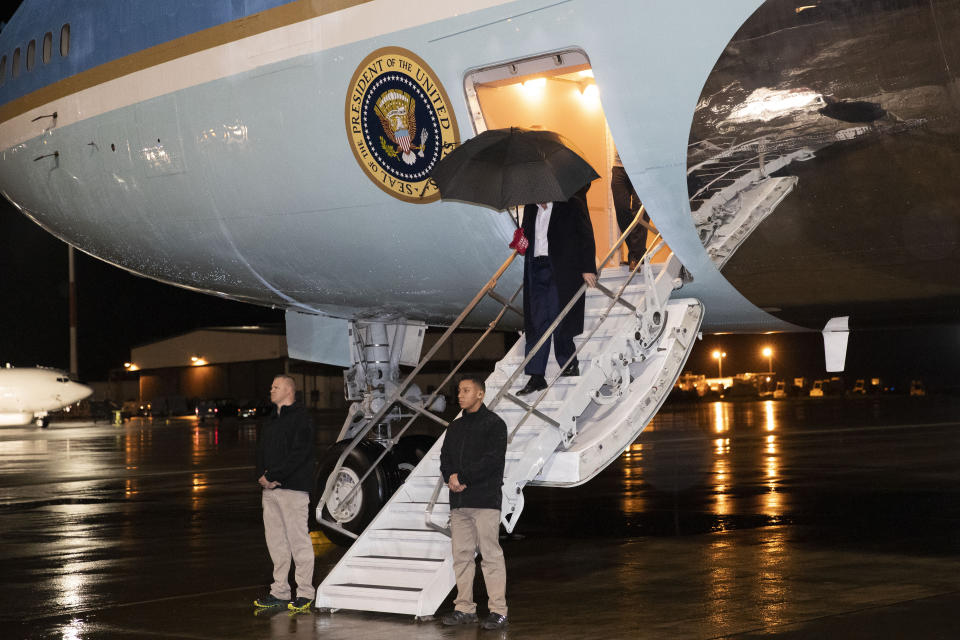 President Donald Trump steps off Air Force One, Friday, Nov. 29, 2019, at Ramstein Air Base, Germany. Trump is en route back to his Mar-a-Lago estate in Palm Beach, Fla., after a surprise visit to Afghanistan. (AP Photo/Alex Brandon)