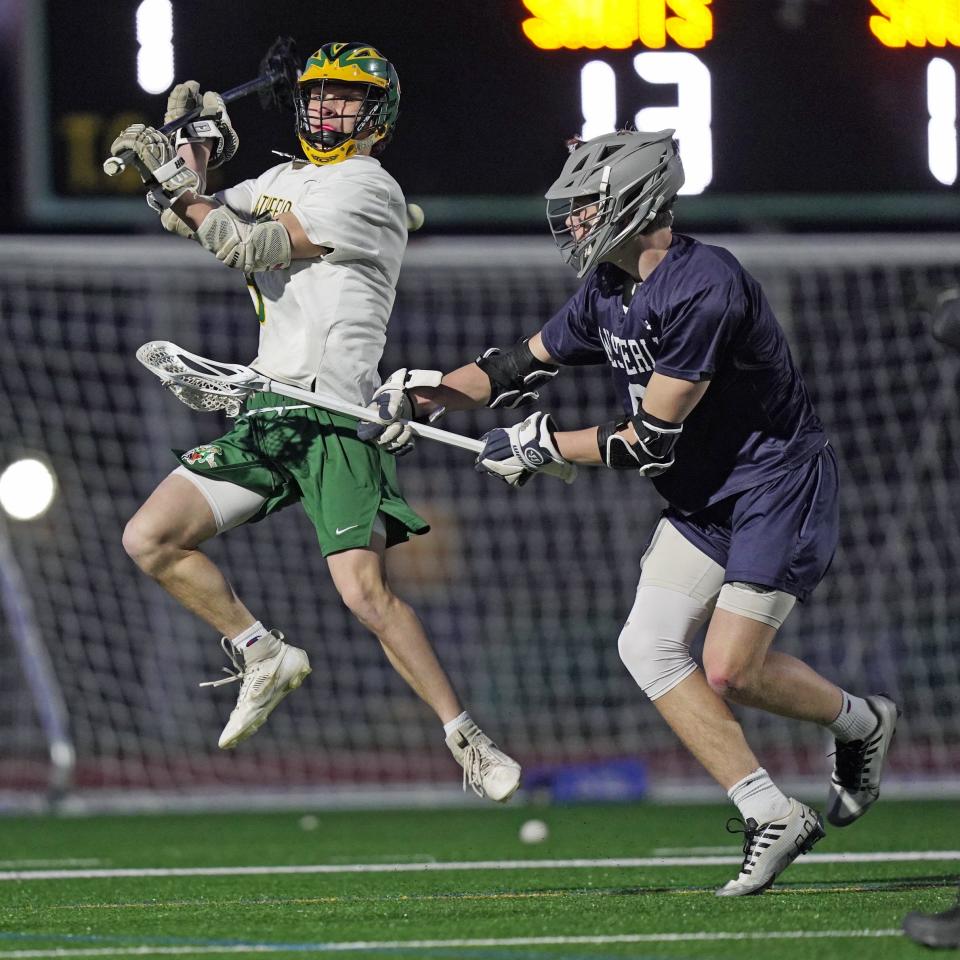 Smithfield's Cooper Pezzullo gets ready to fire up the field during the fourth quarter of Thursday's Division III championship rematch that saw Pezzullo and the Sentinels take down Westerly.