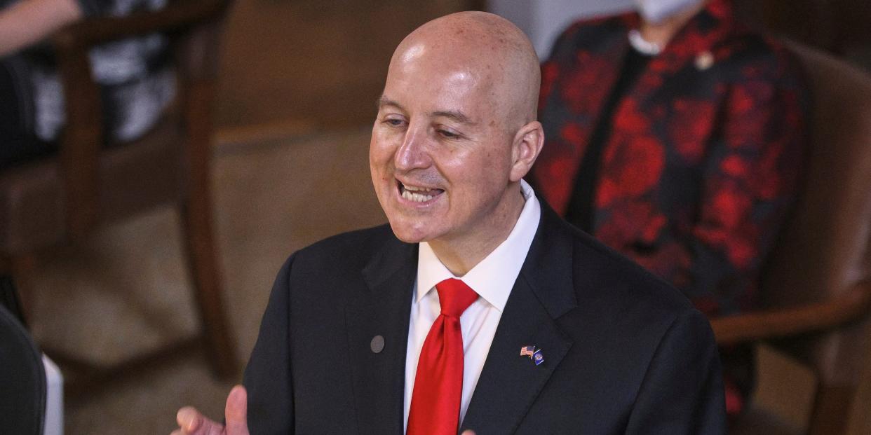 Nebraska Gov. Pete Ricketts delivers the annual State of the State Address to lawmakers in Lincoln, Neb., Thursday, Jan. 14, 2021.