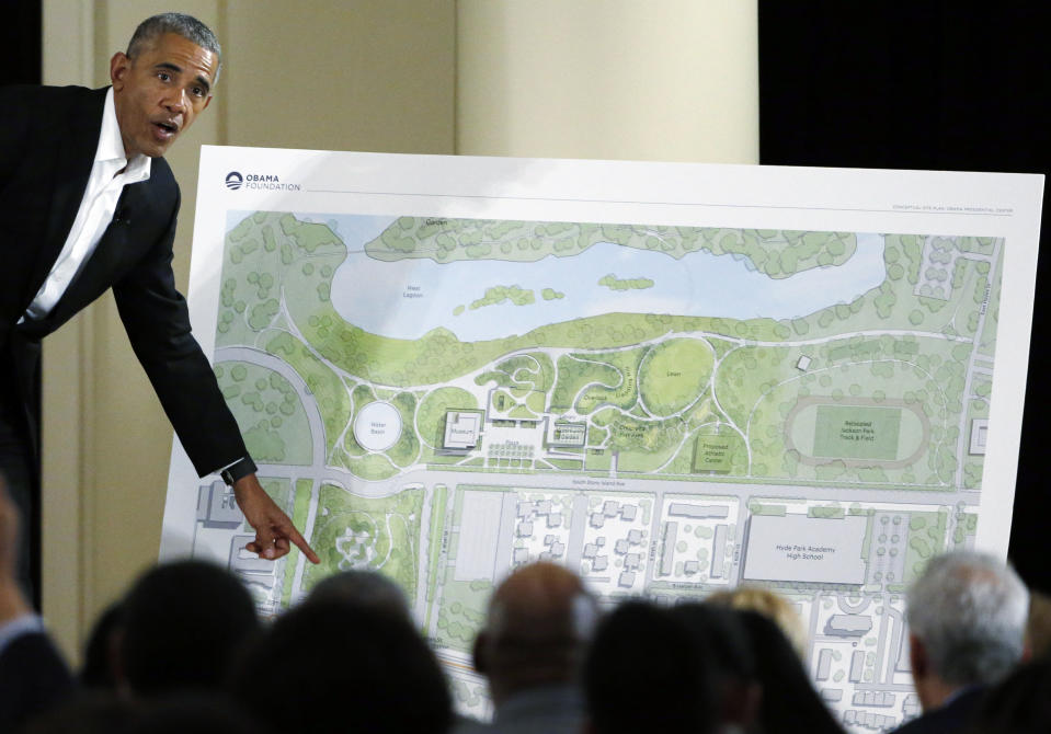 FILE - In this May 3, 2017, file photo, former President Barack Obama speaks at a community event on the Presidential Center at the South Shore Cultural Center in Chicago. Former President Barack Obama's presidential center will move another step closer to its brick-and-mortar future when ground is broken next week after years of reviews, other delays and local opposition. (AP Photo/Nam Y. Huh, File)