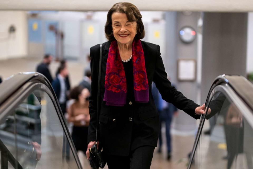 Kent Nishimura/Los Angeles Times via Getty Sen. Dianne Feinstein in the Senate subway on Capitol Hill on May 11, 2022