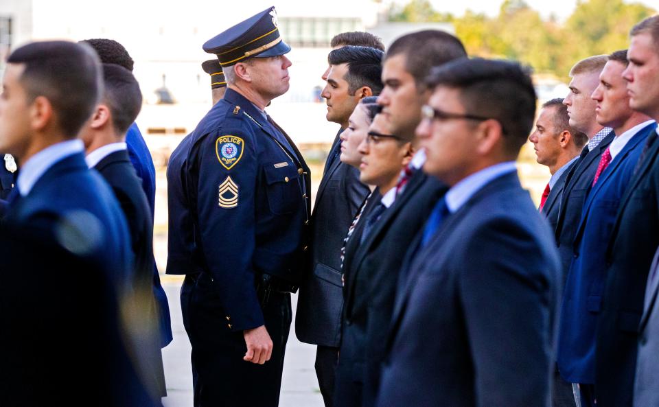 Master Sgt. Shawn Lindsey addresses members of new recruit class 143 as they assemble for the first day of training at the Oklahoma City Police and Fire Training Center on July 9.