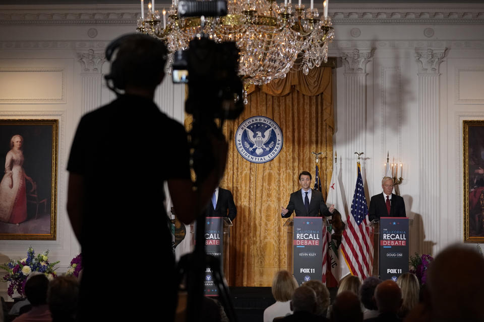 Republican candidates for California Governor Kevin Kiley, second from right, and Doug Ose, far right, participate in a debate at the Richard Nixon Presidential Library Wednesday, Aug. 4, 2021, in Yorba Linda, Calif. California Gov. Gavin Newsom faces a Sept. 14 recall election that could remove him from office. (AP Photo/Marcio Jose Sanchez)