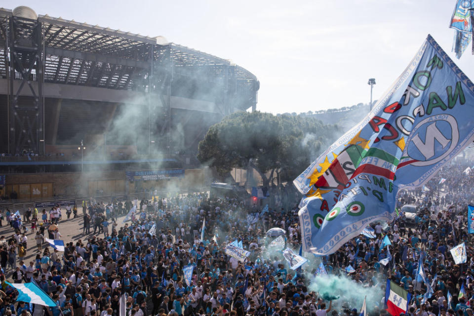 NAPLES ITALY  MAY 07 Napoli supporters celebrate the Napoli football team third Scudetto Serie A championship title since 1990 in front of the Maradona stadium ahead of the Napoli vs Fiorentina match in Naples Italy on May 7 2023 Photo by StringerAnadolu Agency via Getty Images