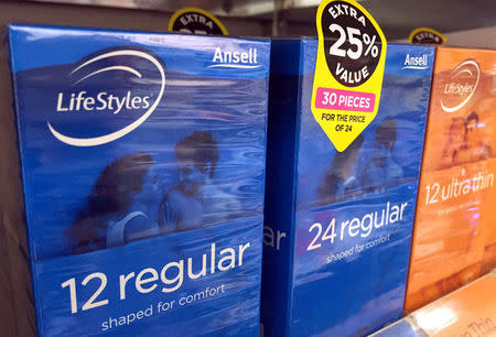 Boxes of Ansell condoms are displayed for sale at a local pharmacy in Sydney, Australia, May 16, 2016. REUTERS/David Gray