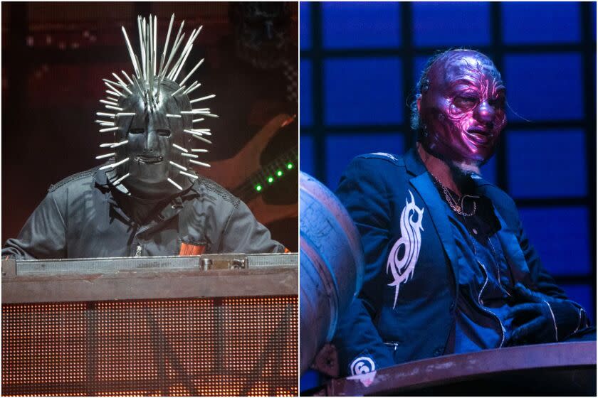 On left, man wearing a mask with spikes performs onstage. On right, man in clown mask plays percussion instruments onstage.