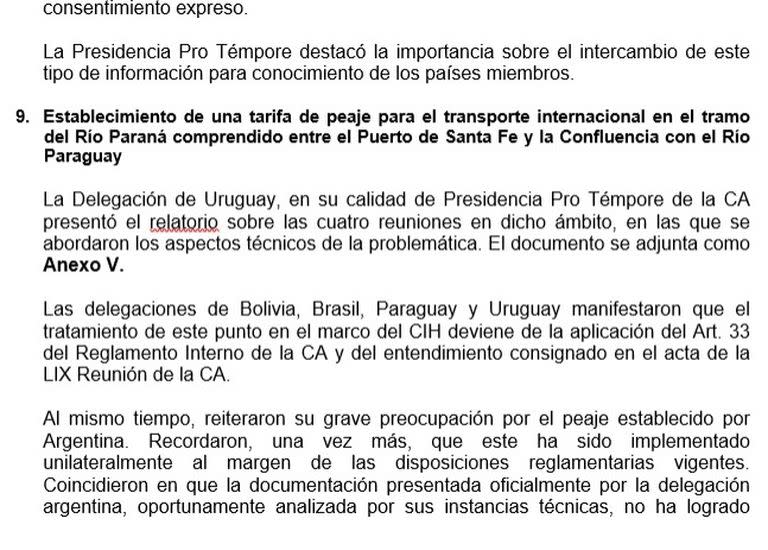 En el acta de reunión del Comité de la Hidrovía, cuatro países critican el peaje 