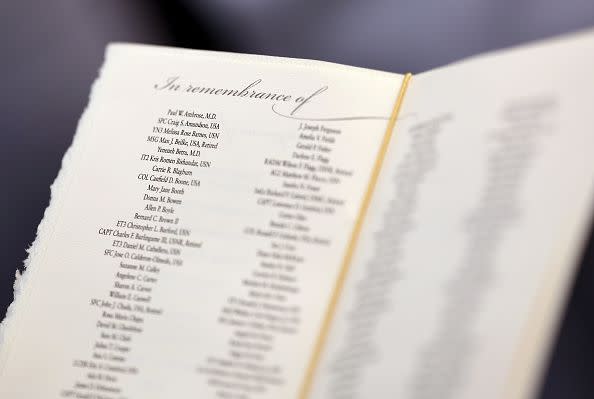 ARLINGTON, VIRGINIA - SEPTEMBER 11: Victim's names are seen in a program during a ceremony observing the 9/11 terrorist attacks at the Pentagon on September 11, 2023 in Arlington, Virginia. The Defense Department held a remembrance ceremony for the 184 lives lost in the 2001 terrorist attack on the Pentagon. Today marks the 22nd anniversary of the September 11, 2001 terrorist attacks at the World Trade Center, the Pentagon and Shanksville, Pennsylvania. (Photo by Win McNamee/Getty Images)