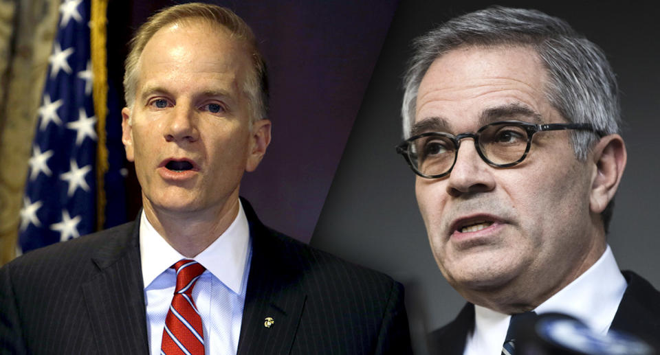 U.S. Attorney William McSwain and Philadelphia District Attorney Larry Krasner. (Photos: Jacqueline Larma/AP, Matt Rourke/AP)