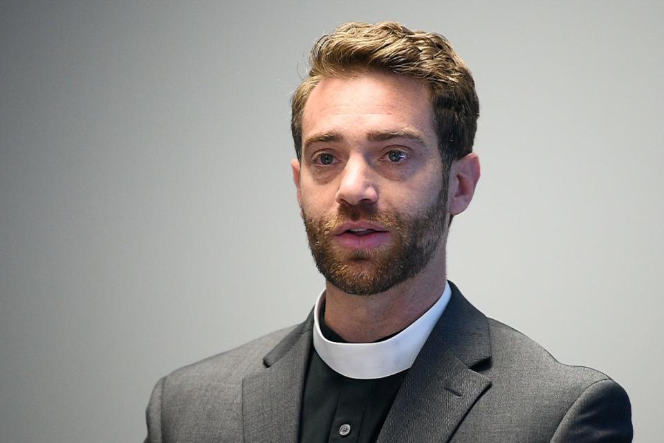 Rev. Matthew Lewis, Christ Church Cathedral, gives his speech about the week he spent with Tennessee death row inmate Oscar Franklin Smith and the perspective he gave when Smith thought his finals days were to an end, during a news conference at the FPD's office, in Nashville downtown, Thursday, April 28, 2022.