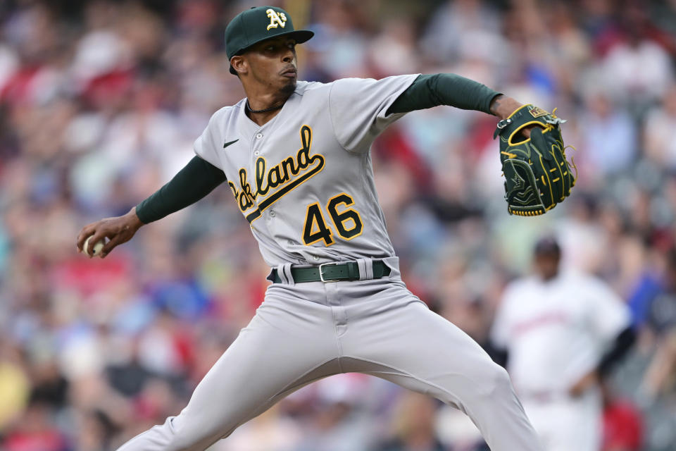 Oakland Athletics relief pitcher Luis Medina delivers during the fifth inning of the team's baseball game against the Cleveland Guardians, Tuesday, June 20, 2023, in Cleveland. (AP Photo/David Dermer)