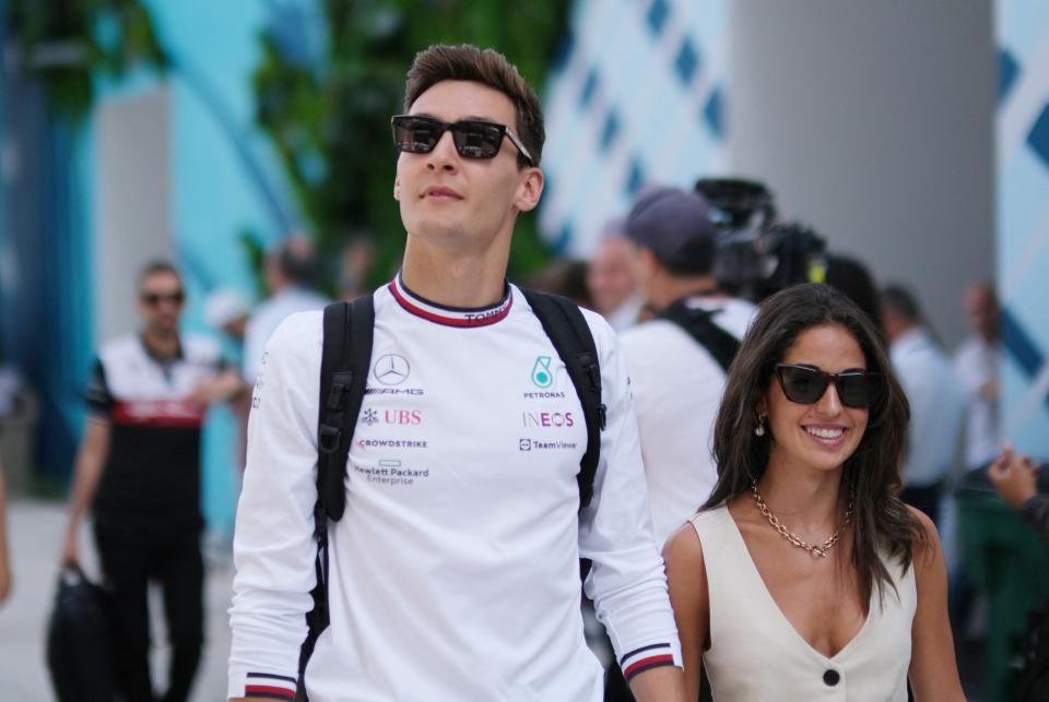 George Russell arrives ahead of the race (REUTERS)