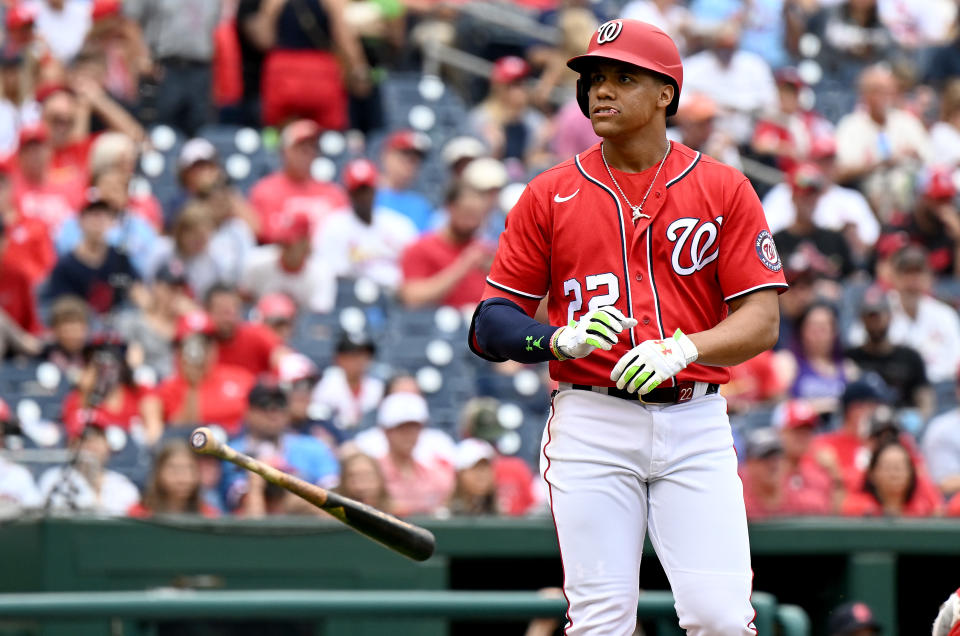 WASHINGTON, DC - JULY 31: Juan Soto #22 of the Washington Nationals tosses his bat after drawing a walk in the first inning against the St. Louis Cardinals at Nationals Park on July 31, 2022 in Washington, DC. (Photo by Greg Fiume/Getty Images)