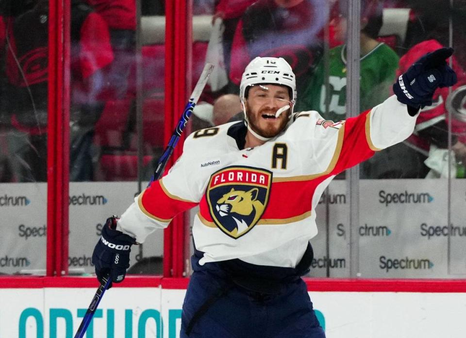 May 18, 2023; Raleigh, North Carolina, USA; Florida Panthers left wing Matthew Tkachuk (19) reacts after scoring the game winning goal against the <a class="link " href="https://sports.yahoo.com/nhl/teams/carolina/" data-i13n="sec:content-canvas;subsec:anchor_text;elm:context_link" data-ylk="slk:Carolina Hurricanes;sec:content-canvas;subsec:anchor_text;elm:context_link;itc:0">Carolina Hurricanes</a> during the fourth overtime period of game one in the Eastern Conference Finals of the 2023 Stanley Cup Playoffs at PNC Arena. Mandatory Credit: James Guillory-USA TODAY Sports James Guillory/James Guillory-USA TODAY Sports