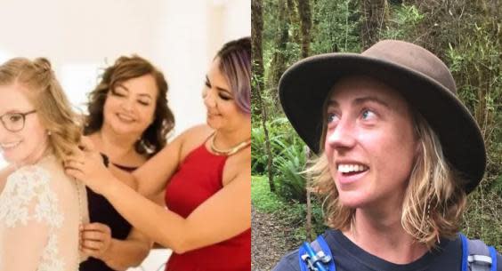 Evita Olson is helped by her two sisters, both presumed to be victims of the California boat fire, as she dresses for her wedding in the photo on the left. On the right, Kristy Finstad, another presumed victim, shares a photo from her travels as a respected diving instructor around the world. (Facebook)