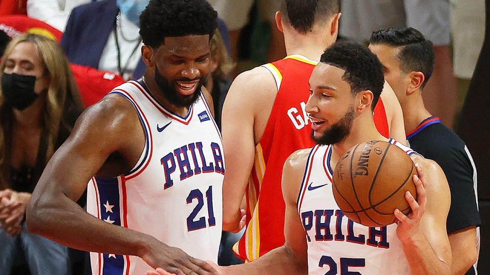 Pictured here, 76ers teammates Joel Embiid and Ben Simmons share a laugh.