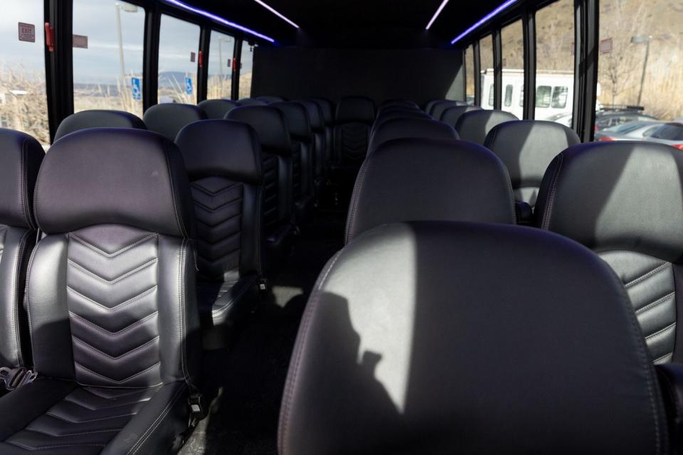 The interior of one of the Cottonwood Connect ski shuttles at the Utah Transit Authority Holladay Park and Ride lot in Holladay on Tuesday. The service will return for a second season beginning on Friday.