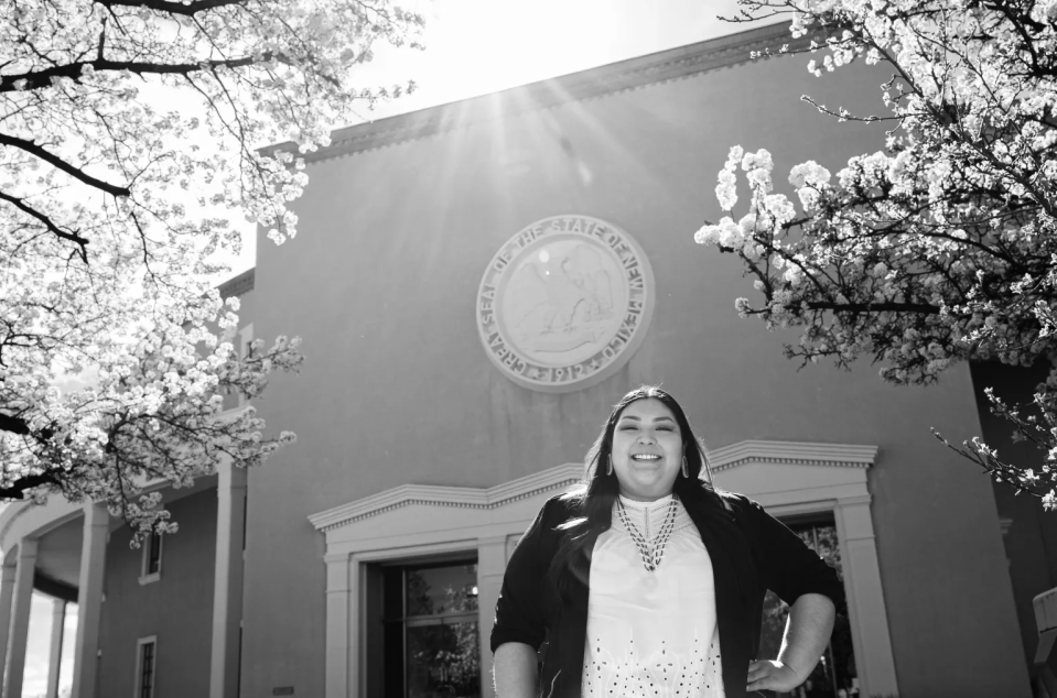 Veronica Krupnick, outside the state capitol in Santa Fe, where she works today as a Leadership Analyst.