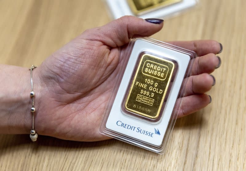 A 100g gold bar from the Credit Suisse is seen in a shop in Zurich