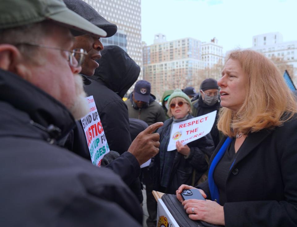 <div class="inline-image__caption"><p>Liss-Riordan listens to taxi drivers at Foley Square after over 5,600 sued the New York City Taxi and Limousine Commission</p></div> <div class="inline-image__credit">Selcuk Acar/Anadolu Agency via Getty</div>