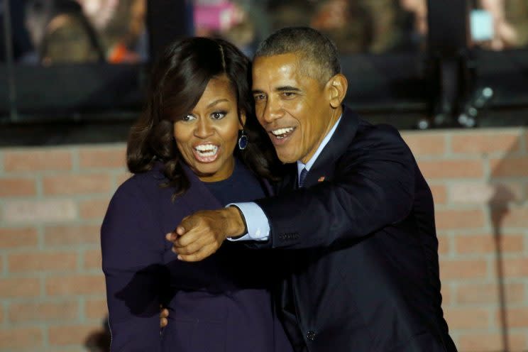 President Barack Obama and first lady Michelle Obama react during a rally for Hillary Clinton in Philadelphia, Nov. 7, 2016. (Kevin Lamarque/Reuters)