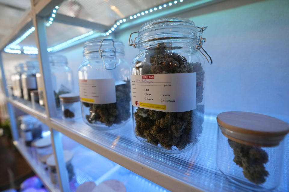 Containers of marijuana flower buds are displayed at the Highland Cafe in Bangkok, Thailand, Thursday, June 9, 2022. Measures to legalize cannabis became effective Thursday, paving the way for medical and personal use of all parts of cannabis plants, including flowers and seeds. (AP Photo/Sakchai Lalit)