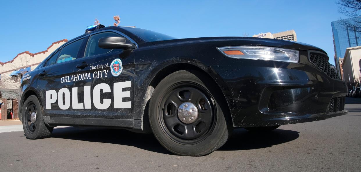 An Oklahoma City police (OKCPD) car is seen blocking traffic during an event.