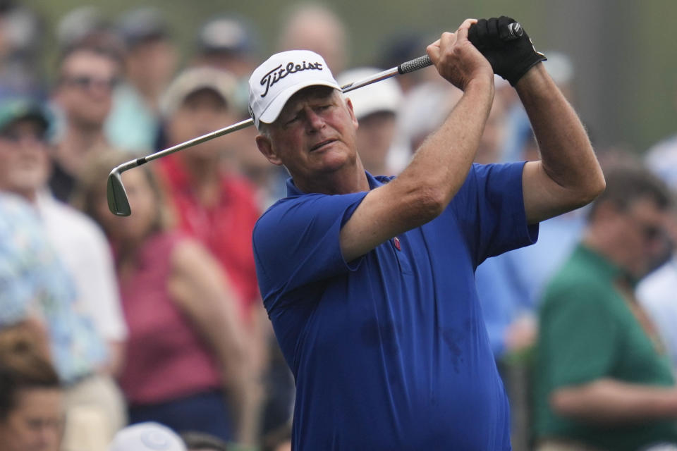 Sandy Lyle, of Scotland, hits the ball on the 12th hole during a practice for the Masters golf tournament at Augusta National Golf Club, Tuesday, April 4, 2023, in Augusta, Ga. (AP Photo/Mark Baker)