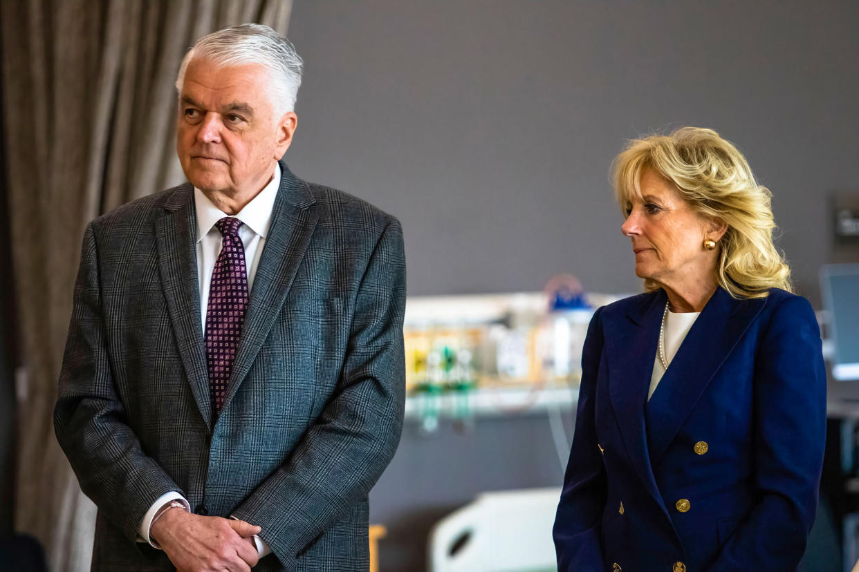 Governor Steve Sisolak and Dr. Jill Biden at Truckee Meadows Community College in Reno, Nev., on March 9, 2022. (Ty O'Neil / SOPA Images / LightRocket via Getty Images file)