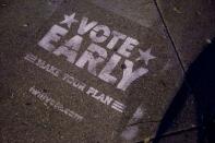 A reminder to "vote early" is seen outside of The Philadelphia High School for Creative and Performing Arts, an early voting location for the upcoming presidential election, in Philadelphia, Pennsylvania