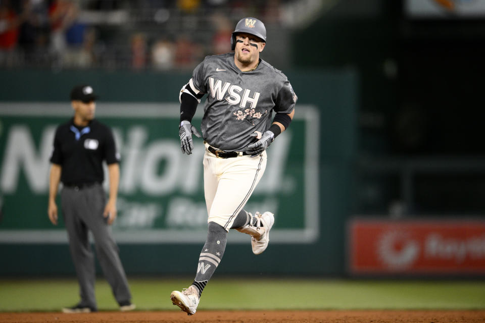 Washington Nationals' Travis Blankenhorn runs the bases on his home run against the Miami Marlins during the third inning of a baseball game Friday, Sept. 1, 2023, in Washington. (AP Photo/Nick Wass)