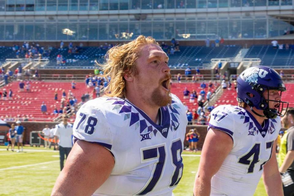 TCU right guard Wes Harris runs towards fans to celebrate their win against SMU on Saturday, Sept. 24, 2022, at the Gerald Ford Stadium in the Southern Methodist University in Dallas, Texas.