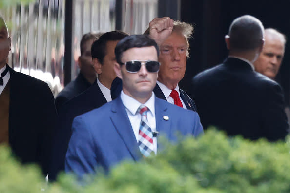 NEW YORK, NEW YORK – APRIL 15: Former President Donald Trump departs Trump Tower en-route to Manhattan Criminal Court on April 15, 2024 in New York City. Jury selections are set to begin in the former president’s criminal trial. Trump faces 34 felony counts of falsifying business records in the first of his criminal cases to go to trial. This is the first-ever criminal trial against a former president of the United States. (Photo by Michael M. Santiago/Getty Images)